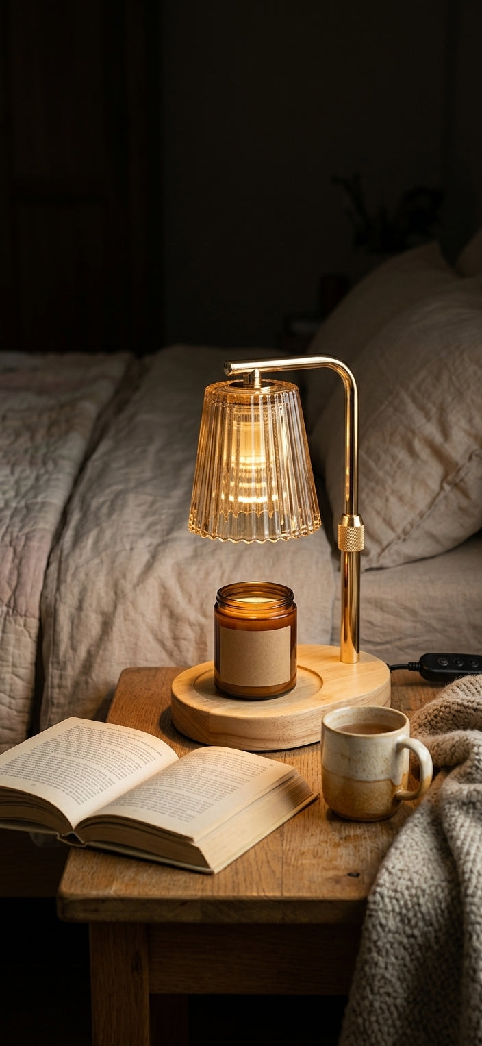 Lampe Heure Brune allumée sur une table de chevet