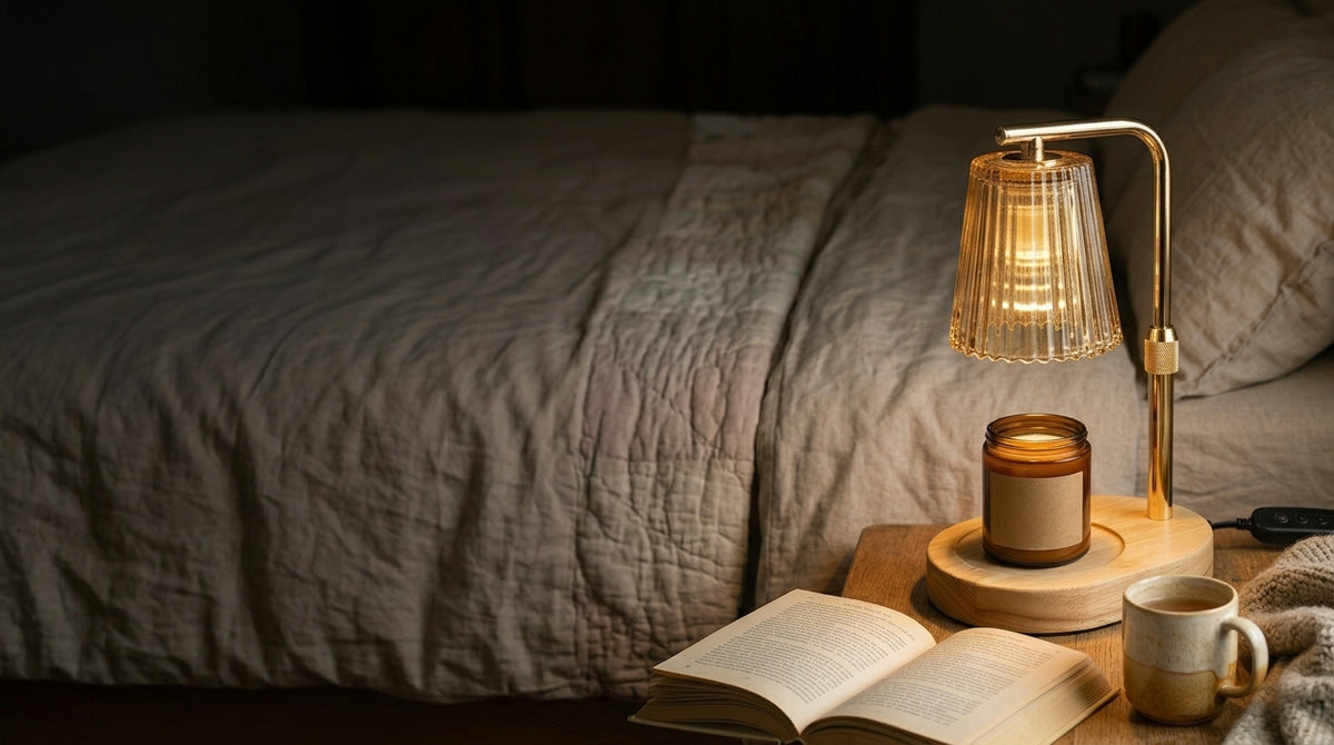 Lampe Heure Brune allumée sur une table de chevet