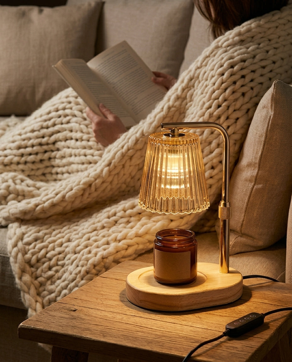 Soirée lecture sous un plaid avec la lampe chauffe-bougie Heure Brune