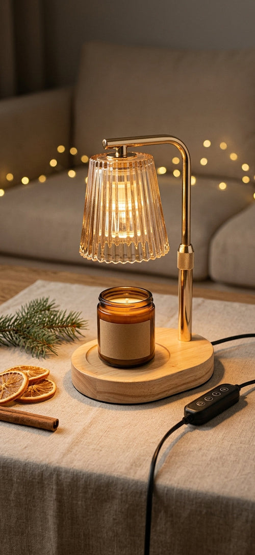 Coffret de Noël Heure Brune : lampe chauffe-bougie en verre ambré avec sa bougie parfumée